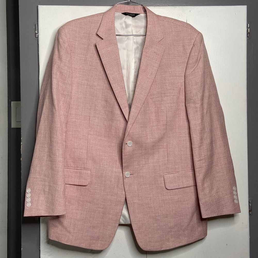 Jos A Bank Sport Coat Blazer Mens 46R Red houndstooth Linen Wool two button
